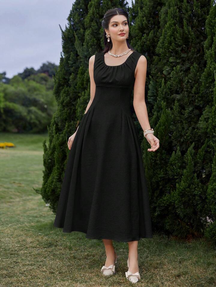 CM-DS541324 Women Elegant Seoul Style Solid Color Sleeveless Pleated A-Line Midi Dress - Black