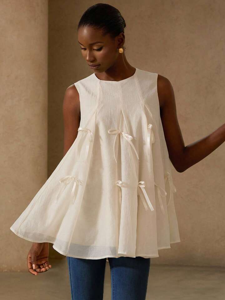 CM-TS342312 Women Elegant Seoul Style Bow Back Sleeveless Loose Splicing Fairy Blouse - Beige
