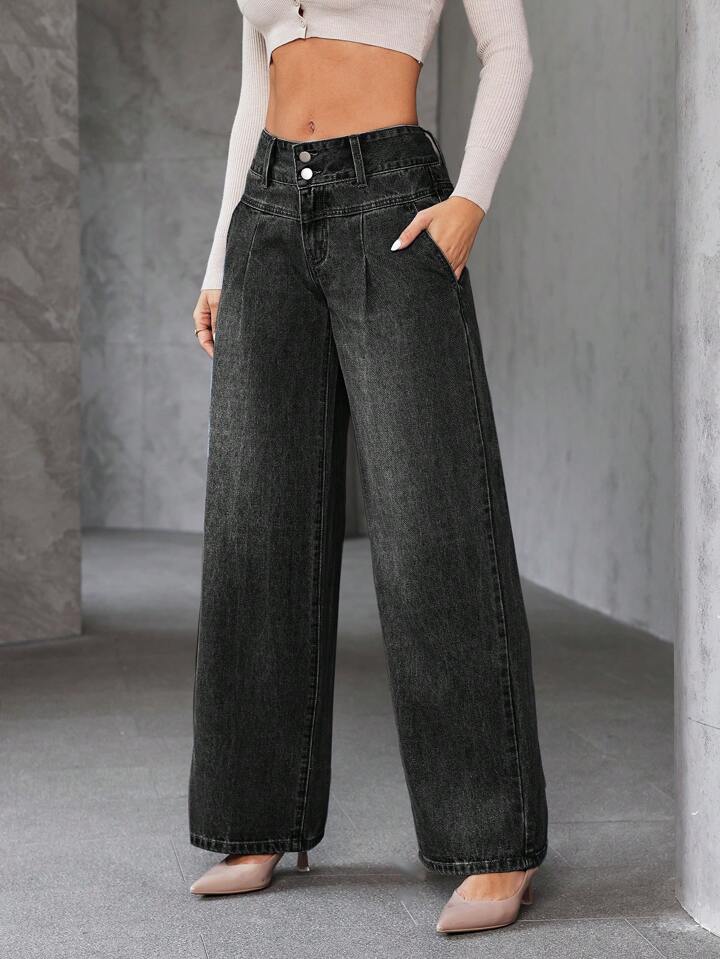 CM-BS372331 Women Casual Seoul Style Front Button Pocket Wide Leg Denim Jeans - Dark Gray