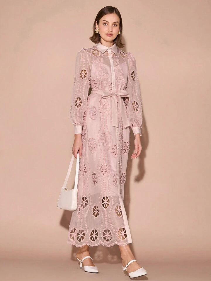 CM-DS831119 Women Elegant Seoul Style Collar Neckline Hollow-Out Embroidered Long Sleeve Maxi Dress - Pink