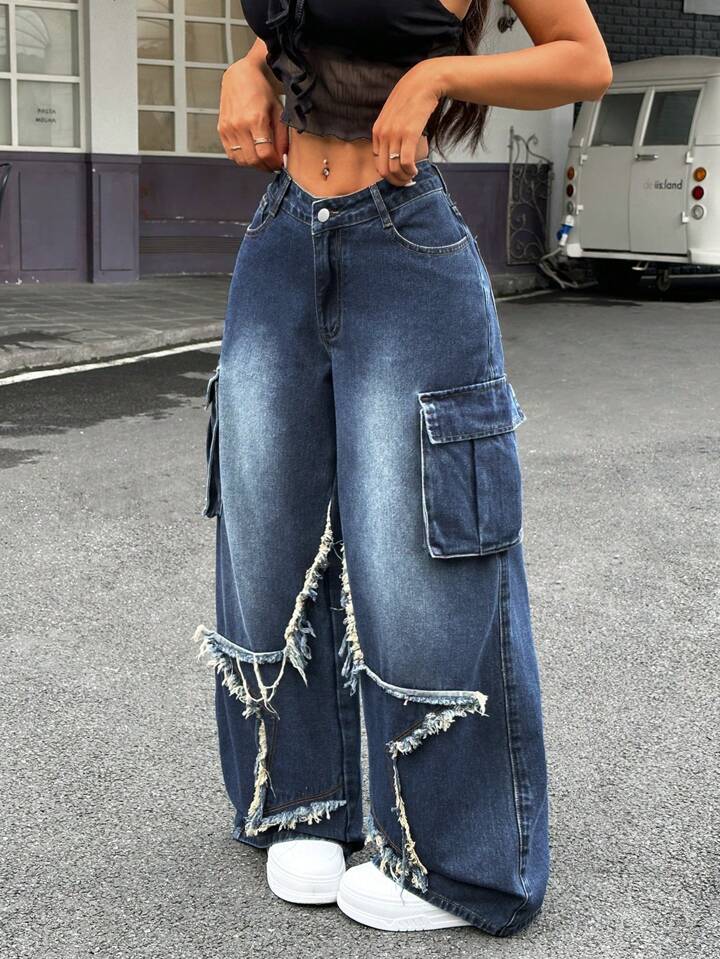 CM-BS669664 Women Casual Seoul Style Dark Wash Star Patch Loose Fit Wide Leg Jeans