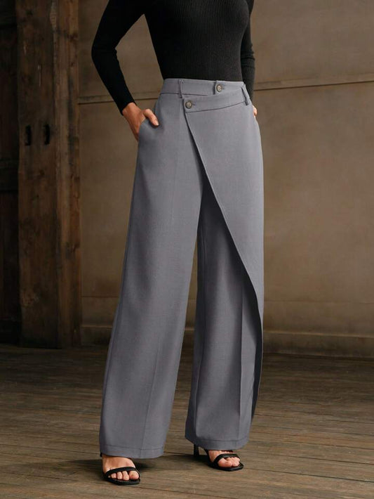 CM-BS305030 Women Elegant Seoul Style Asymmetrical Draping Cross-Wrap Pockets Straight-Leg Pants - Light Gray
