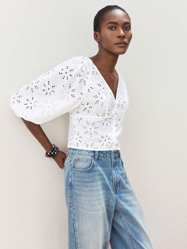 CM-TS190360 Women Trendy Seoul Style V-Neck Front Button Embroidery Hollow Out Lantern Sleeve Blouse - White