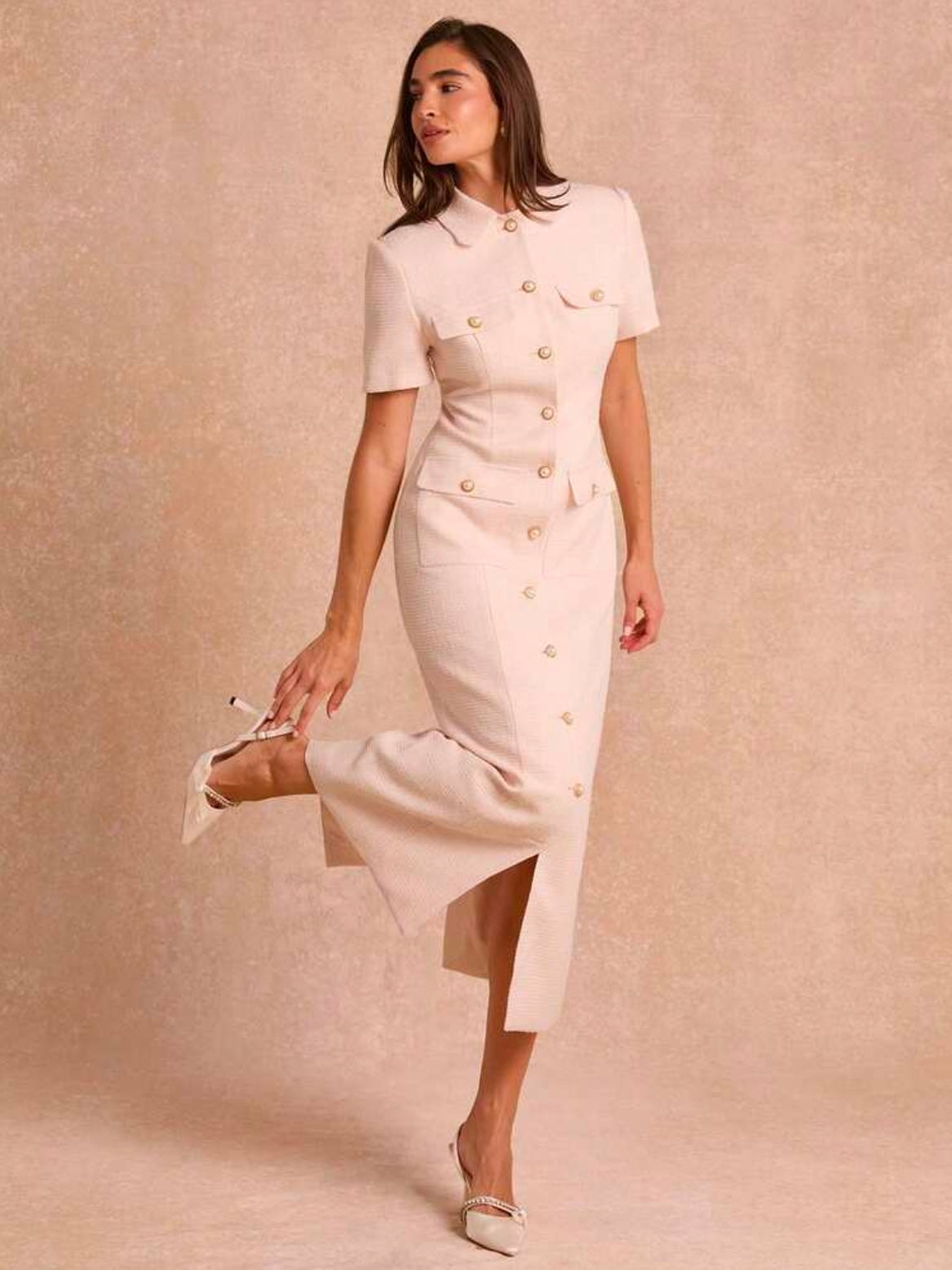 CM-DS834794 Women Elegant Seoul Style Collar Neckline Short Sleeve Tweed Fitted Long Dress - Pink