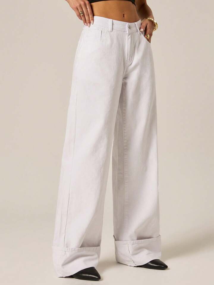 CM-BS711983 Women Casual Seoul Style Mid Waist Pocket Wide Leg Loose Denim Jeans - White