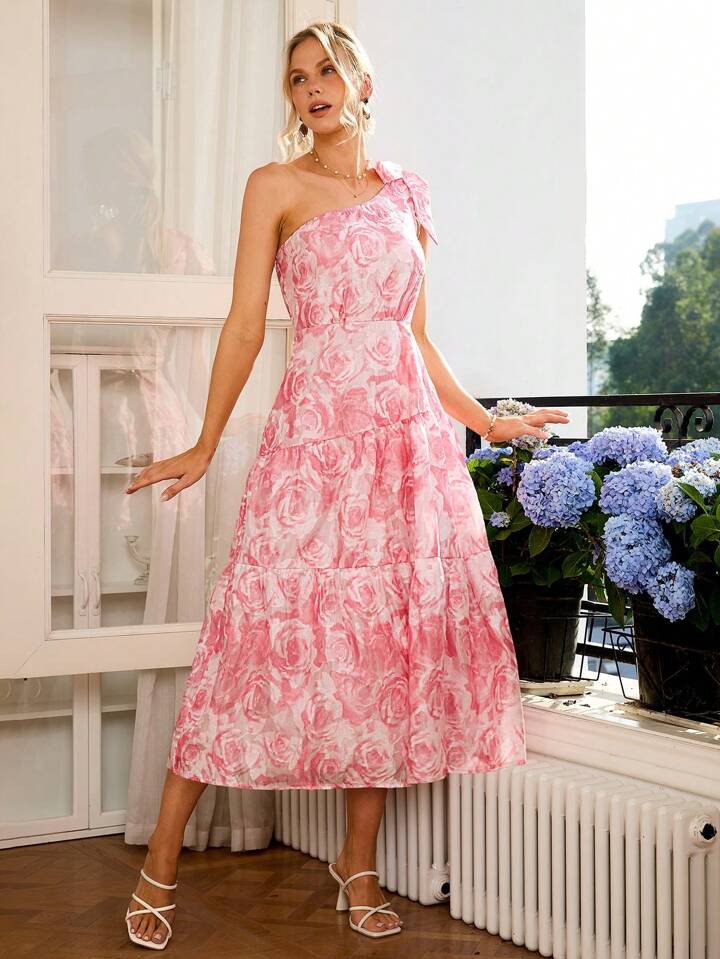 CM-DS902018 Women Elegant Seoul Style One-Shoulder Cut-Out Floral Print Dress - Pink