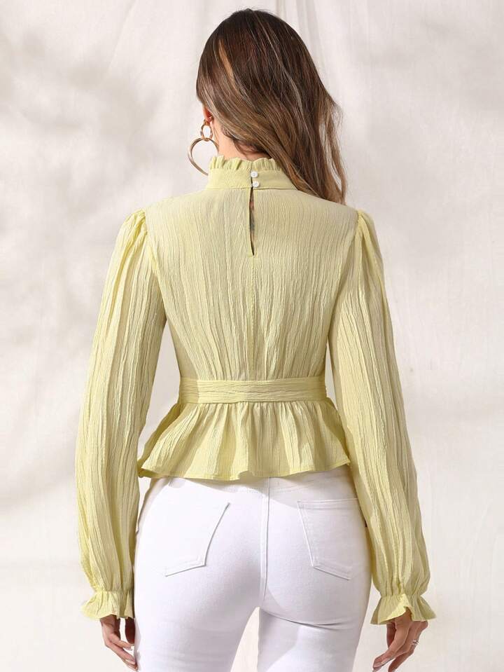 CM-TS532391 Women Elegant Seoul Style Stand Collar Ruffle Hem Long Sleeve Shirt - Yellow