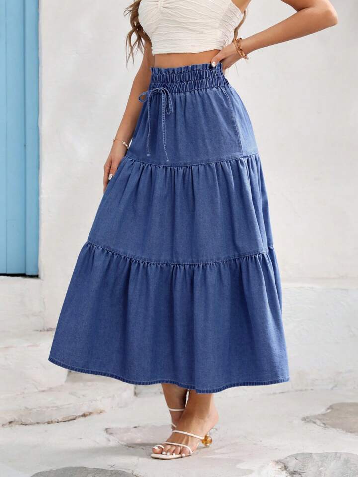 CM-BS586146 Women Casual Seoul Style High Waist Loose Fit Elastic Waist Denim Skirt - Blue