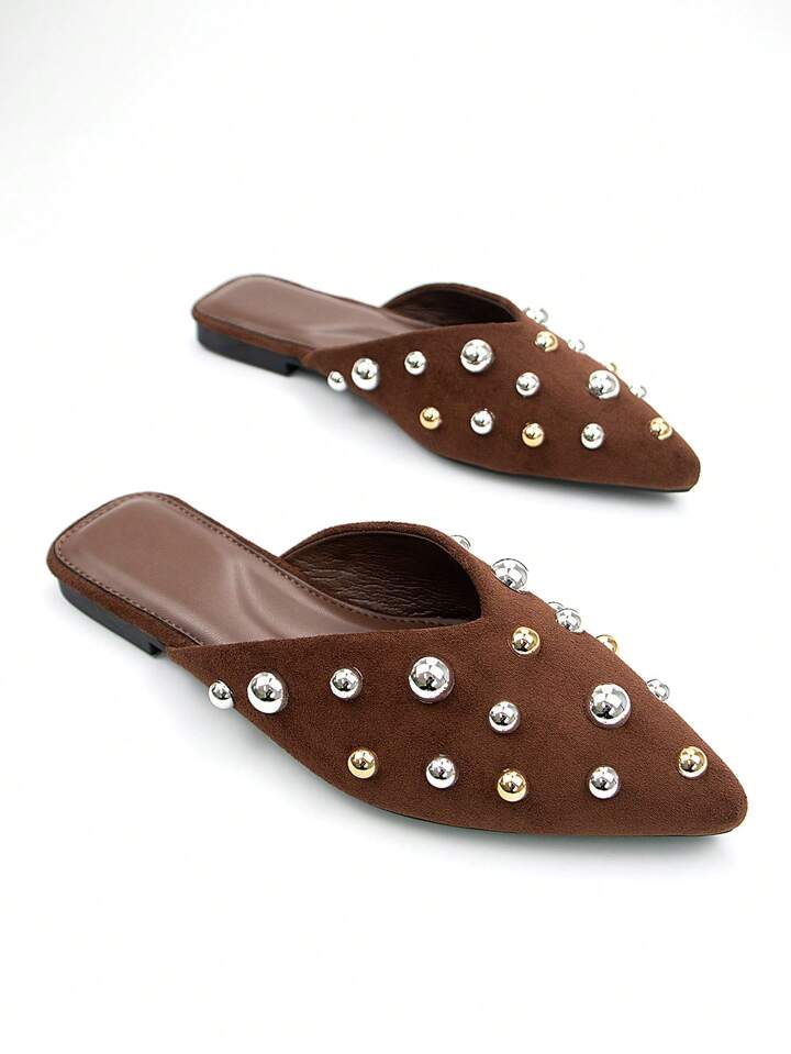 CM-SHS838252 Women Trendy Seoul Style Metal Stud Decor Faux Suede Pointed Toe Slip-On Flats - Brown
