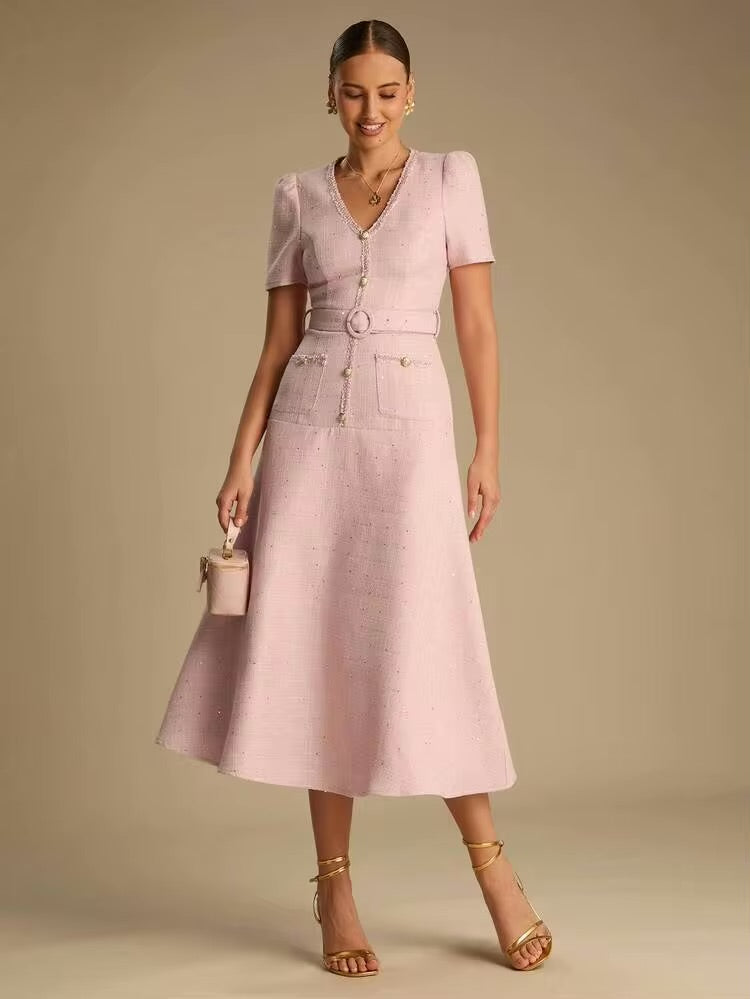 CM-DS427774 Women Elegant Seoul Style V-Neck Short Sleeve Sequin Decoration Belted A-Line Dress - Pink