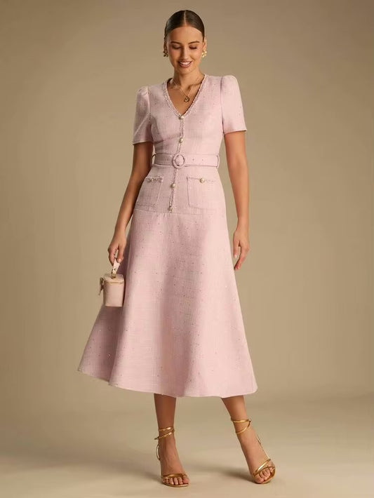 CM-DS427774 Women Elegant Seoul Style V-Neck Short Sleeve Sequin Decoration Belted A-Line Dress - Pink