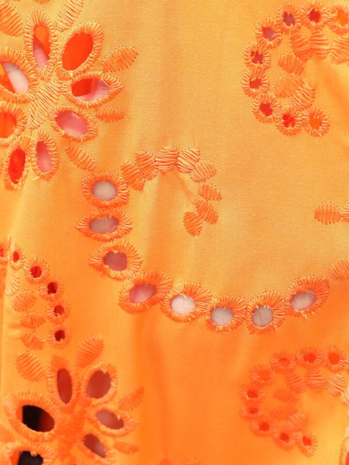 CM-TS187735 Women Trendy Bohemian Style Bowknot Tie Frayed Hem Embroidered Loose Long Sleeve Blouse - Orange