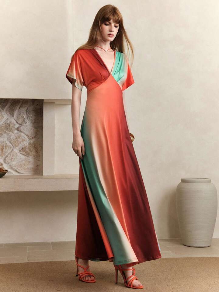 CM-DS922324 Women Casual Seoul Style Satin Tie-Dye Ombre Deep V Neck Long Sleeve Maxi Dress