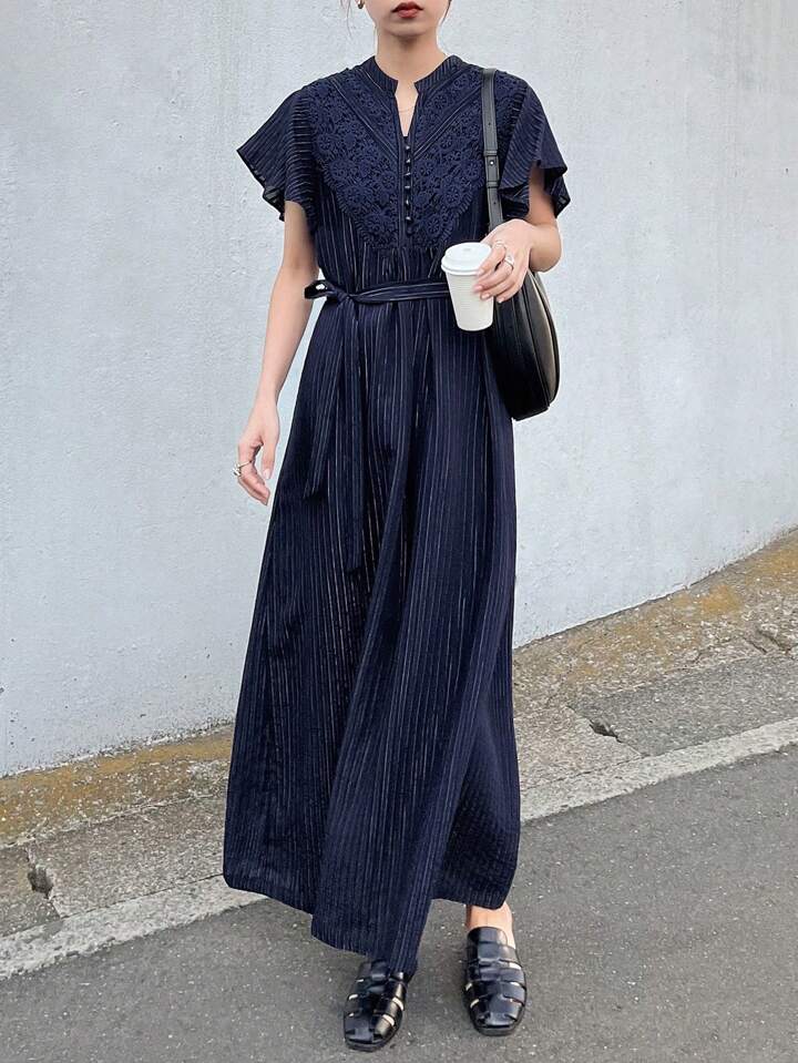 CM-DS034136 Women Elegant Seoul Style Notched Neckline Flounce Sleeve High Waist A-Line Dress - Navy Blue