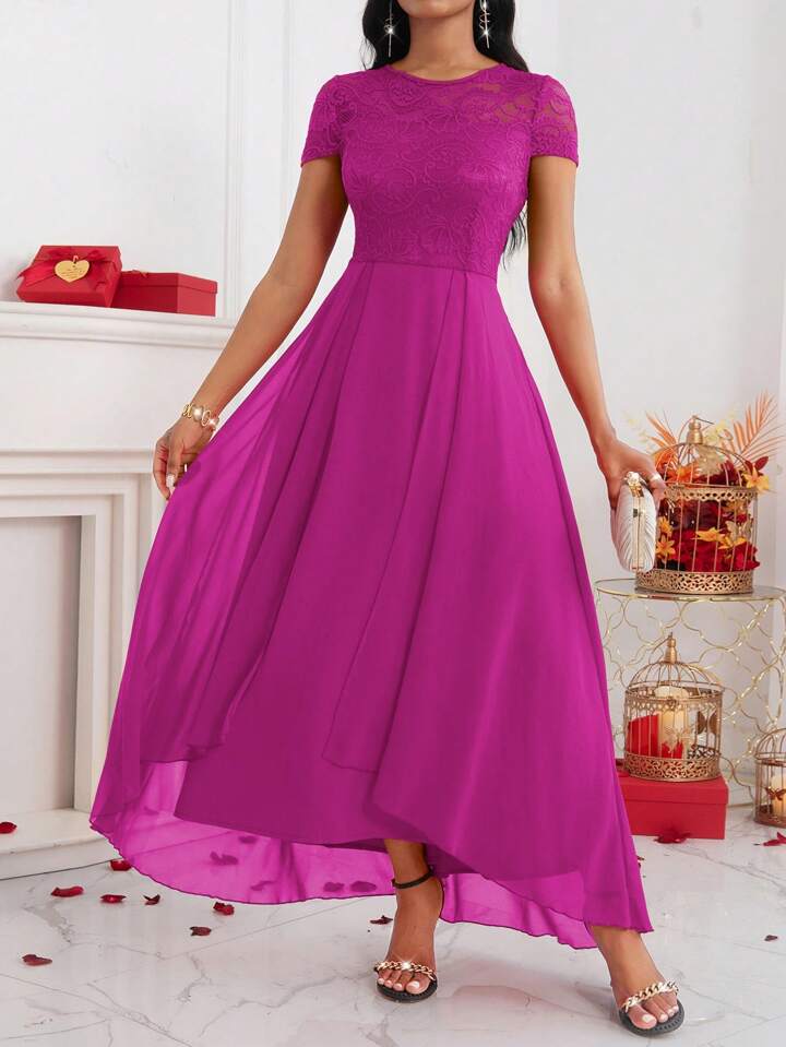 CM-DS667745 Women Elegant Seoul Style Lace Round Neck Cap Sleeve A-Line Long Dress - Hot Pink