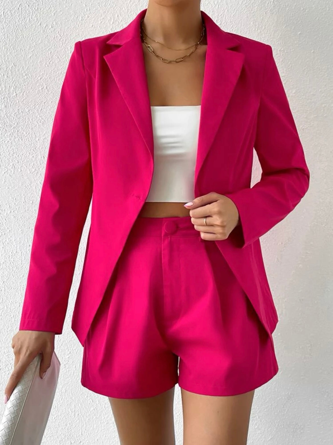 CM-SS128304 Women Elegant Seoul Style Lapel Neck Single Button Blazer With Shorts - Hot Pink