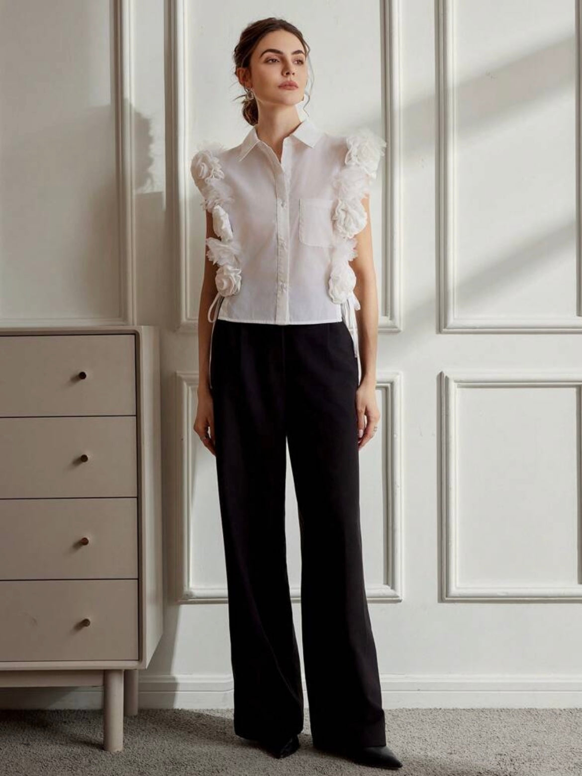 CM-TS726127 Women Elegant Seoul Style 3D Floral Hollow-Out Tie Up Sleeveless Shirt - White