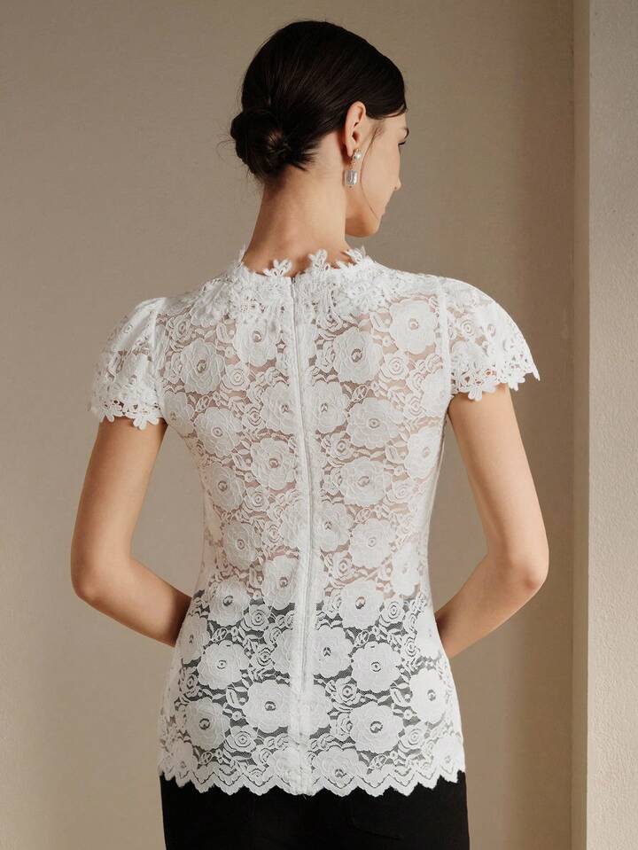 CM-TS934769 Women Casual Seoul Style Lace Patchwork Hollow Elastic Lace Floral Fitted Blouse - White
