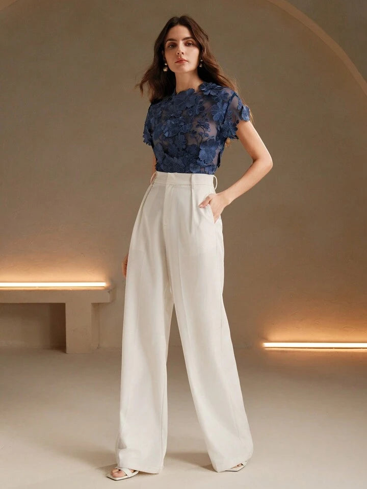 CM-TS154467 Women Elegant Seoul Style Round Neck Flounce Sleeve Embroidery Floral Applique Blouse - Navy Blue