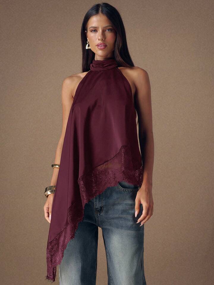 CM-TS449930 Women Elegant Seoul Style Lace Satin Patchwork Sleeveless Trim Backless Camisole Top - Maroon
