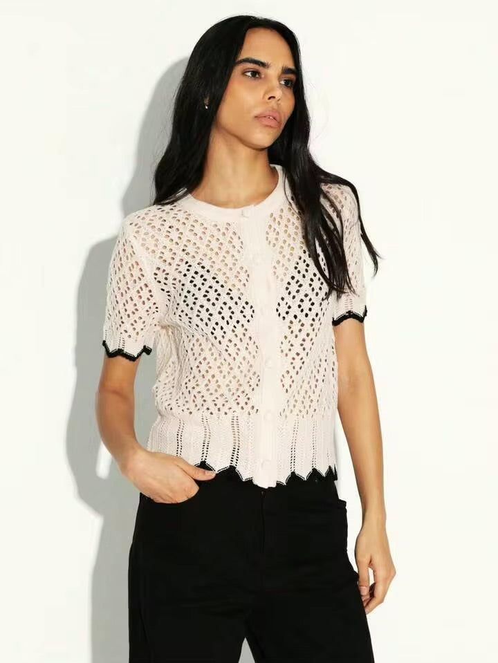 CM-TS431191 Women Trendy Bohemian Style Contrast Trim Short Sleeve Open Front Knit Cardigan Top