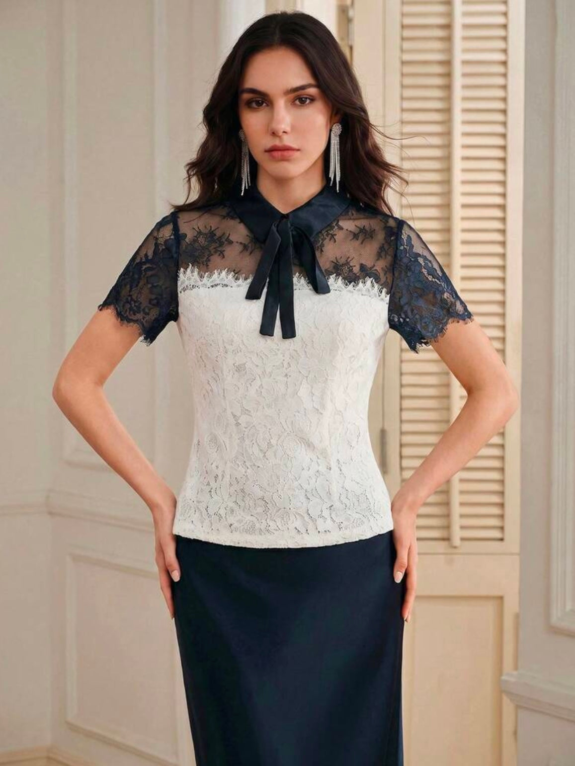 CM-TS067772 Women Elegant Seoul Style Collar Tie Neck Short Sleeve Lace Color Blocking Top - Blue