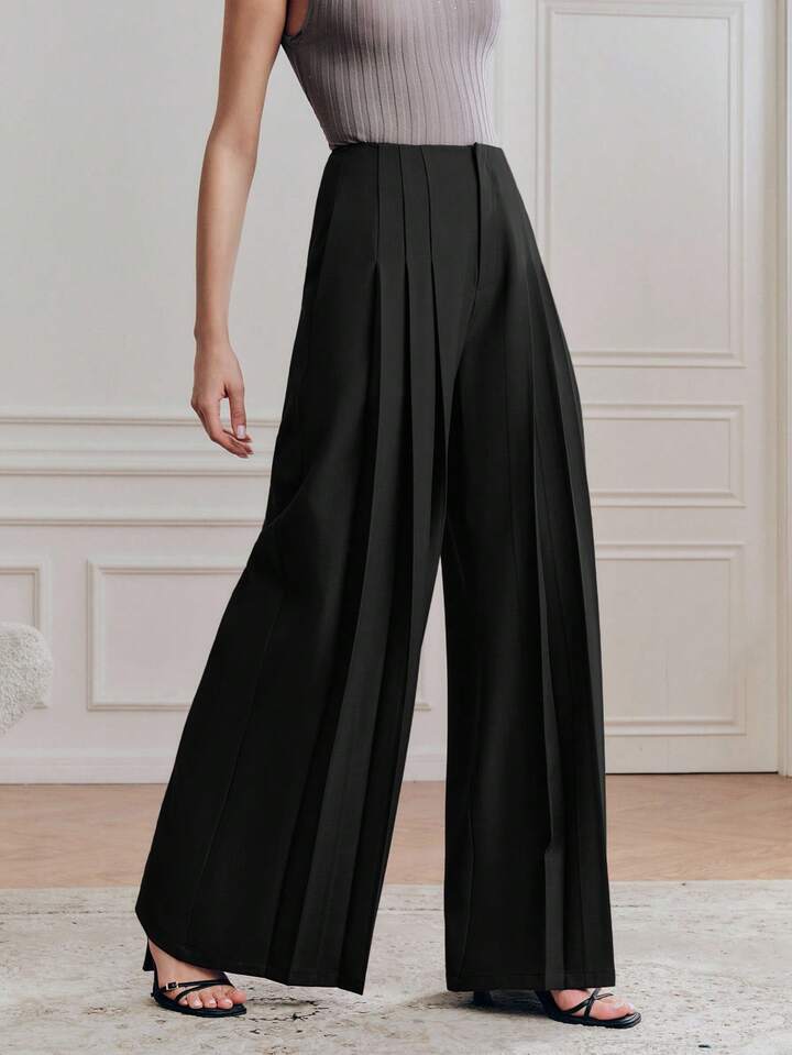 CM-BS227697 Women Elegant Seoul Style High Waist Loose Draping Wide Leg Pants - Black