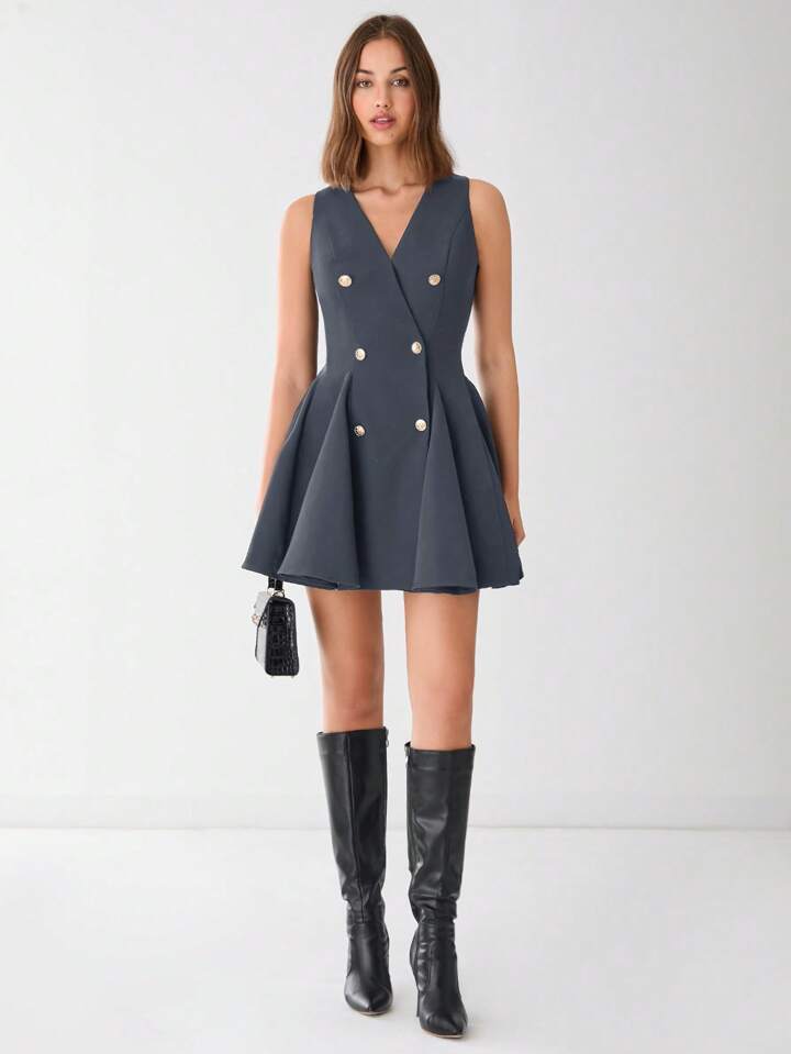 CM-DS811773 Women Elegant Seoul Style V-Neck Front Button Sleeveless A-Line Mini Dress - Dark Gray