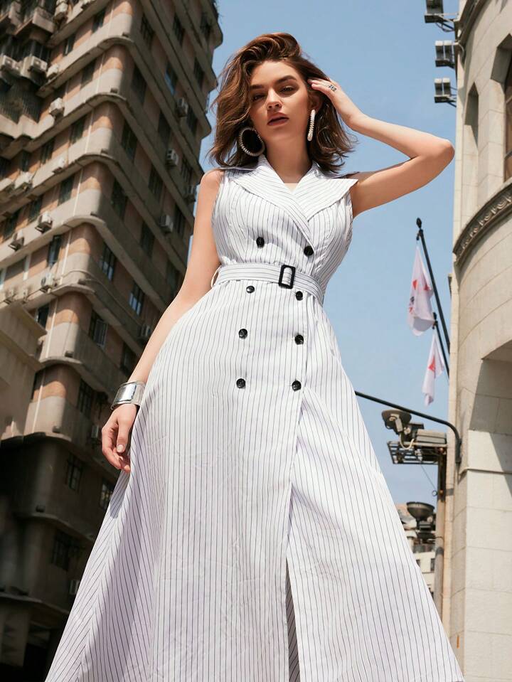 CM-DS495102 Women Casual Seoul Style Collar Neckline Striped Sleeveless Shirt Dress