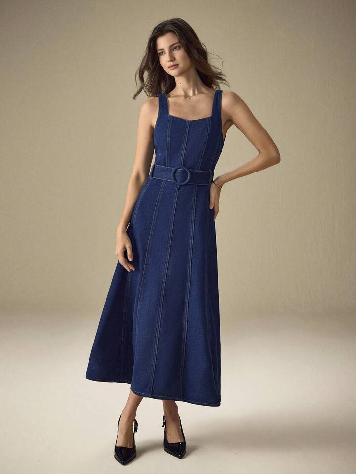 CM-DS438008 Women Elegant Seoul Style Straps Neckline Sleeveless High Waist Denim Dress - Blue