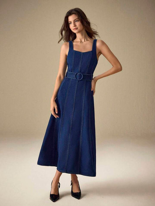 CM-DS438008 Women Elegant Seoul Style Straps Neckline Sleeveless High Waist Denim Dress - Blue