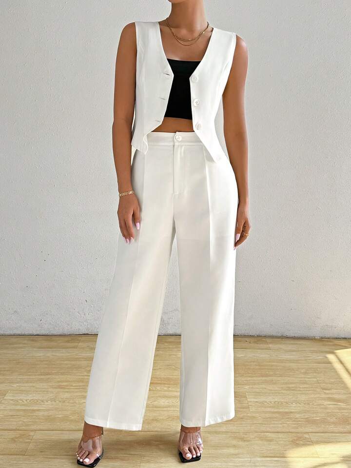 CM-SS617175 Women Elegant Seoul Style V-Neck Double-Breasted Vest With High-Waist Straight-Leg Pants - Set