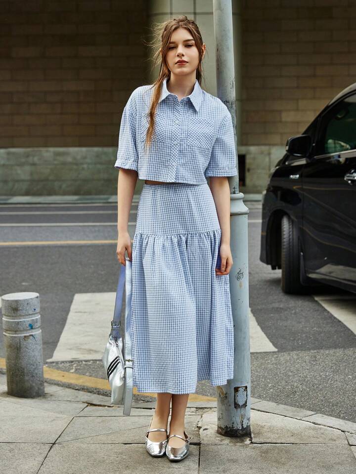 CM-SS327706 Women Casual Seoul Style Striped Print Front Button Short Sleeve Top With Ruffle Hem Skirt - Set