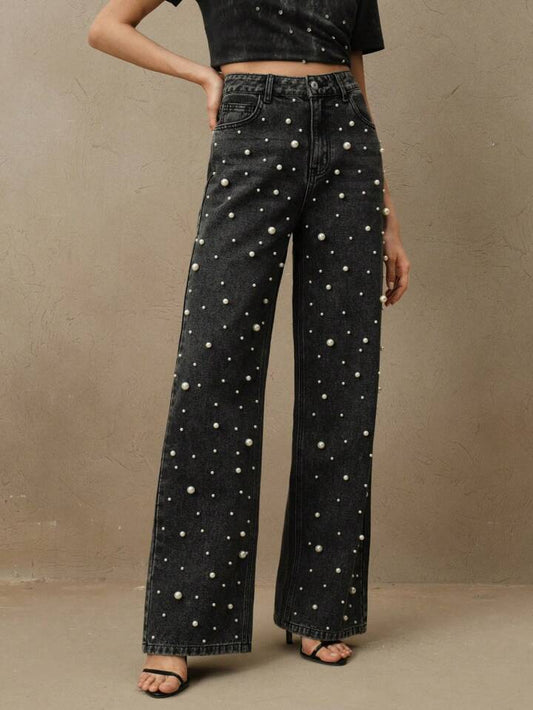 CM-BS791900 Women Casual Seoul Style High Waist Pearl Embellished Straight Loose Wide Leg Jeans - Black