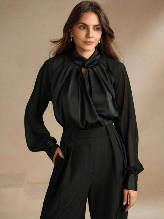 CM-TS696092 Women Elegant Seoul Style Stand Collar Hollow Design Satin Long Sleeve Shirt - Black