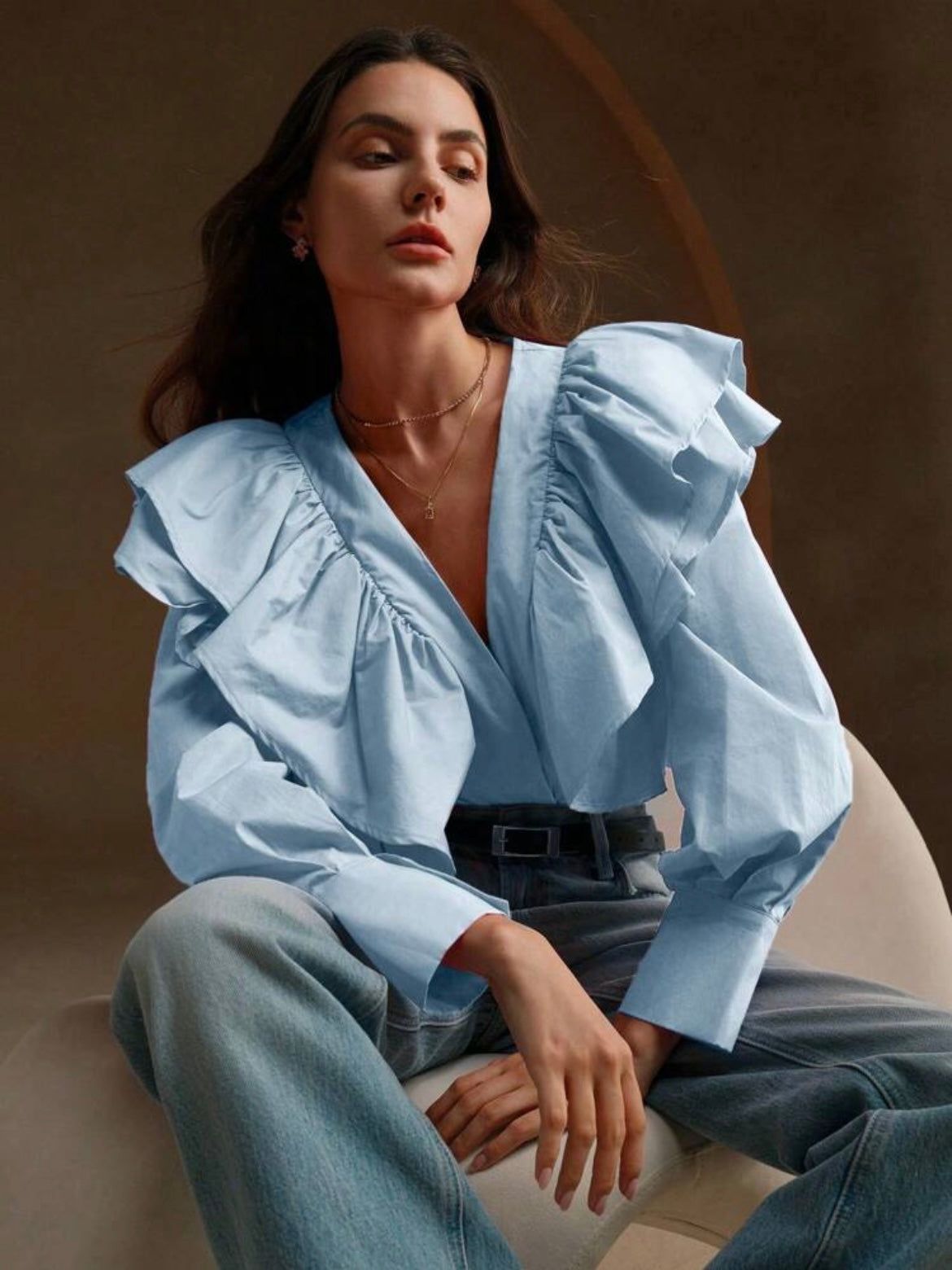CM-TS179757 Women Elegant Seoul Style Exaggerated Ruffle V-Neck Long Sleeve Blouse - Blue