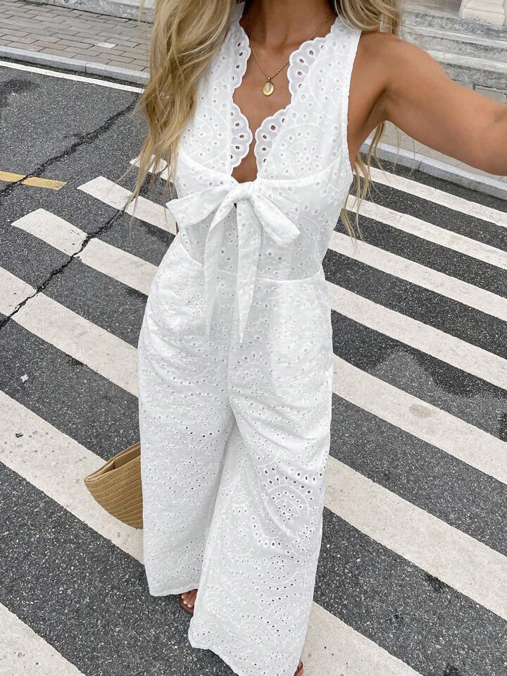 CM-JS594598 Women Trendy Bohemian Style Solid Color Halter Neckline Sleeveless Jumpsuit - White