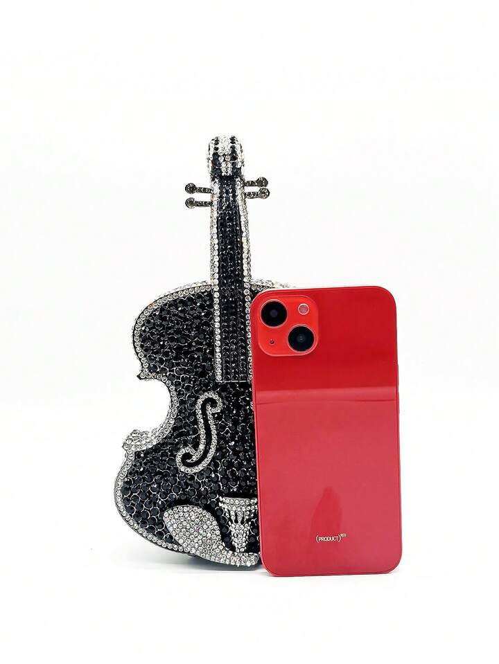 CM-BGS206420 Women Elegant Seoul Style Multicolor Crystal Violin Shape Cltuch Bag - Black
