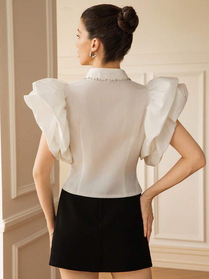 CM-TS026227 Women Elegant Seoul Style 3D Rhinestone Collar Open Front Blouson Sleeve Fitted Blouse