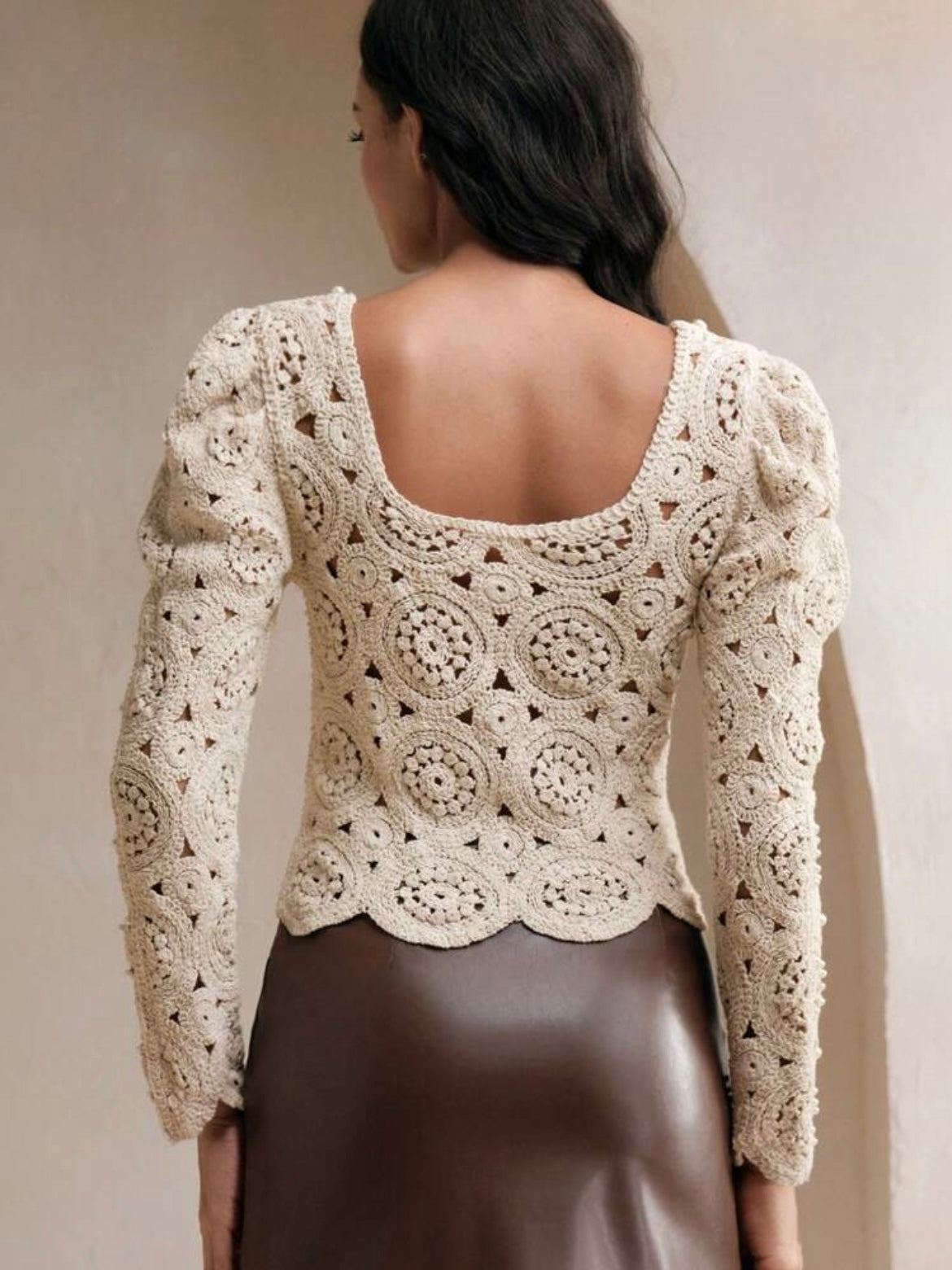 CM-TS061691 Women Elegant Seoul Style Square Neck Hollow Out Lantern Sleeve Blouse - Apricot