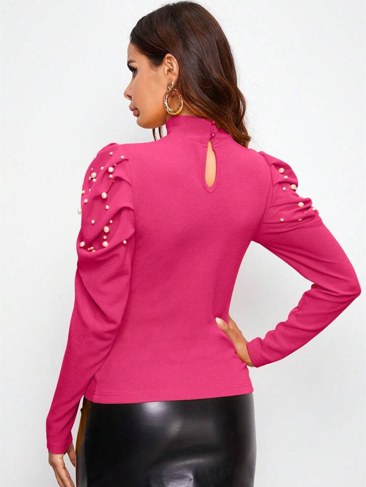 CM-TS855507 Women Casual Seoul Style Mock-Neck Pearl Beaded Leg-of-Mutton Sleeve Top - Hot Pink