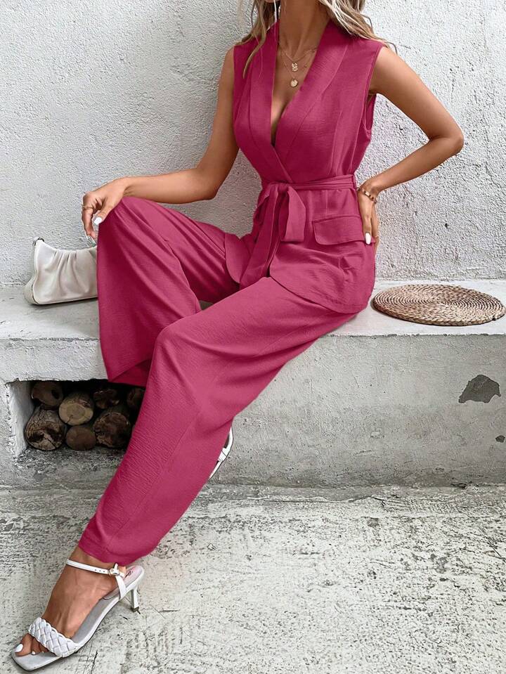 CM-SS889299 Women Elegant Seoul Style Shawl Collar Waistband Suit Vest With Wide Leg Pants - Set