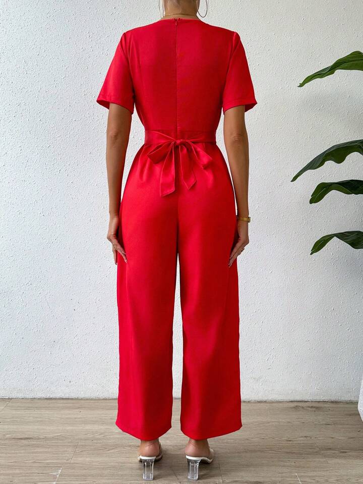 CM-JS686688 Women Elegant Seoul Style V-Neck Cross-Tied Short Sleeve Jumpsuit - Red