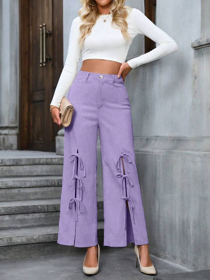 CM-BS070501 Women Casual Seoul Style Bowknot Decoration High Slit Wide Leg Pants - Purple