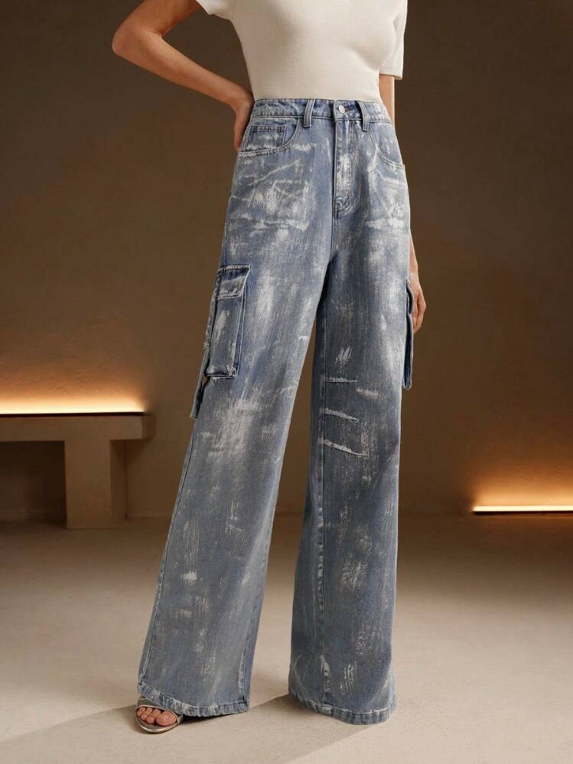 CM-BS089998 Women Elegant Seoul Style Distressed Embellished Silver Print Denim Cargo Pants