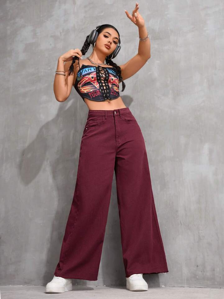 CM-BS311211 Women Casual Seoul Style Solid Color High Waist Wide Leg Jeans - Burgundy