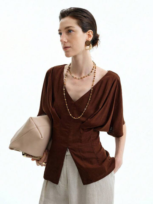 CM-TS441994 Women Casual Seoul Style Solid Color Linen V-Neck Gathered Fitted Raglan Sleeve Front Center Slit Blouse