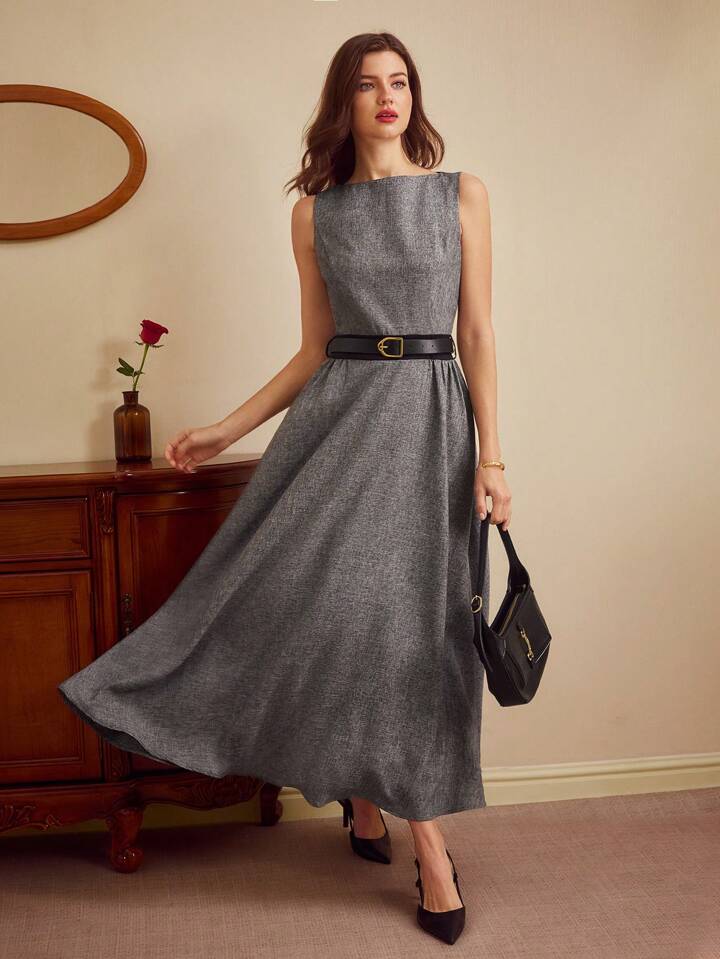 CM-DS511370 Women Elegant Seoul Style Fitted Boat Neck Sleeveless Sheath Belted Dress - Gray