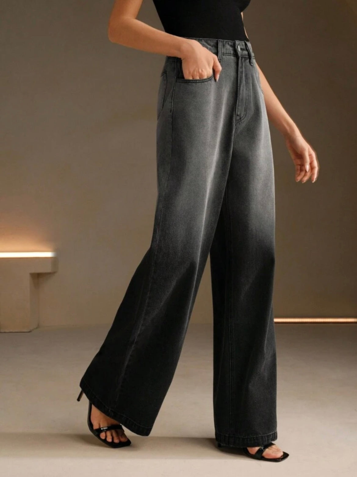 CM-BS998521 Women Casual SeouL Style Tie Dye Tie-Dye High Waist Wide Leg Jeans - Black