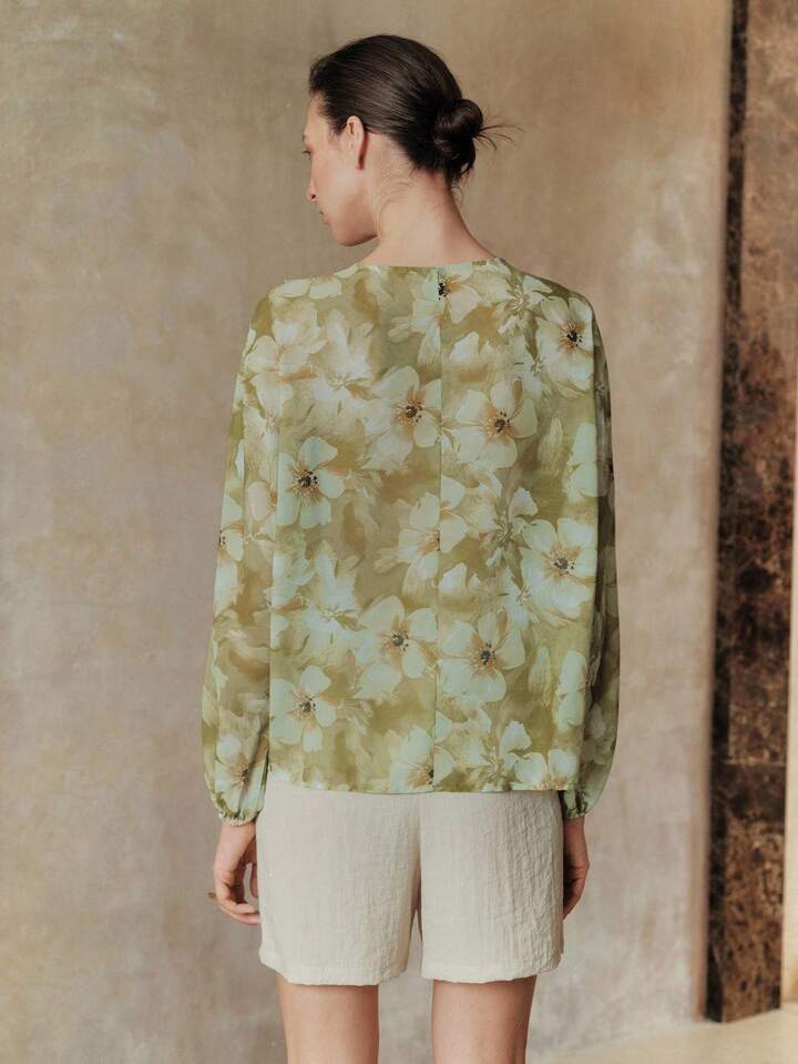 CM-TS843483 Women Casual Seoul Style Floral Print Turquoise Lantern Sleeves Ruffled Decor Tie Neckline Shirt